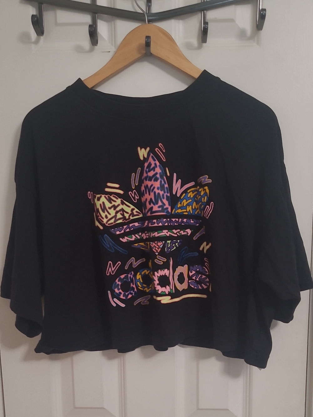 adidas Black Cropped Tee with Neon Graphic Trefoil